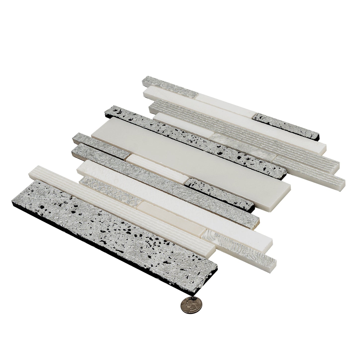 White Silver 12x12 Polished, Textured, Foiled Stone Sticks, Linear Mosaic Tile - Sample