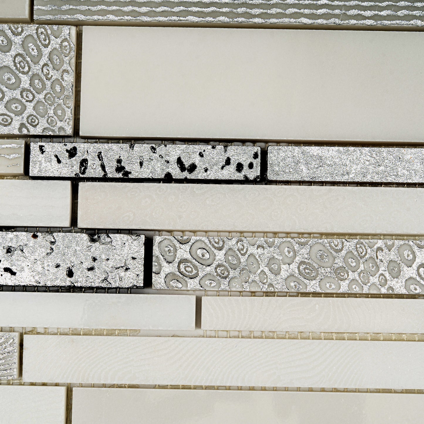 White Silver 12x12 Polished, Textured, Foiled Stone Sticks, Linear Mosaic Tile - Sample