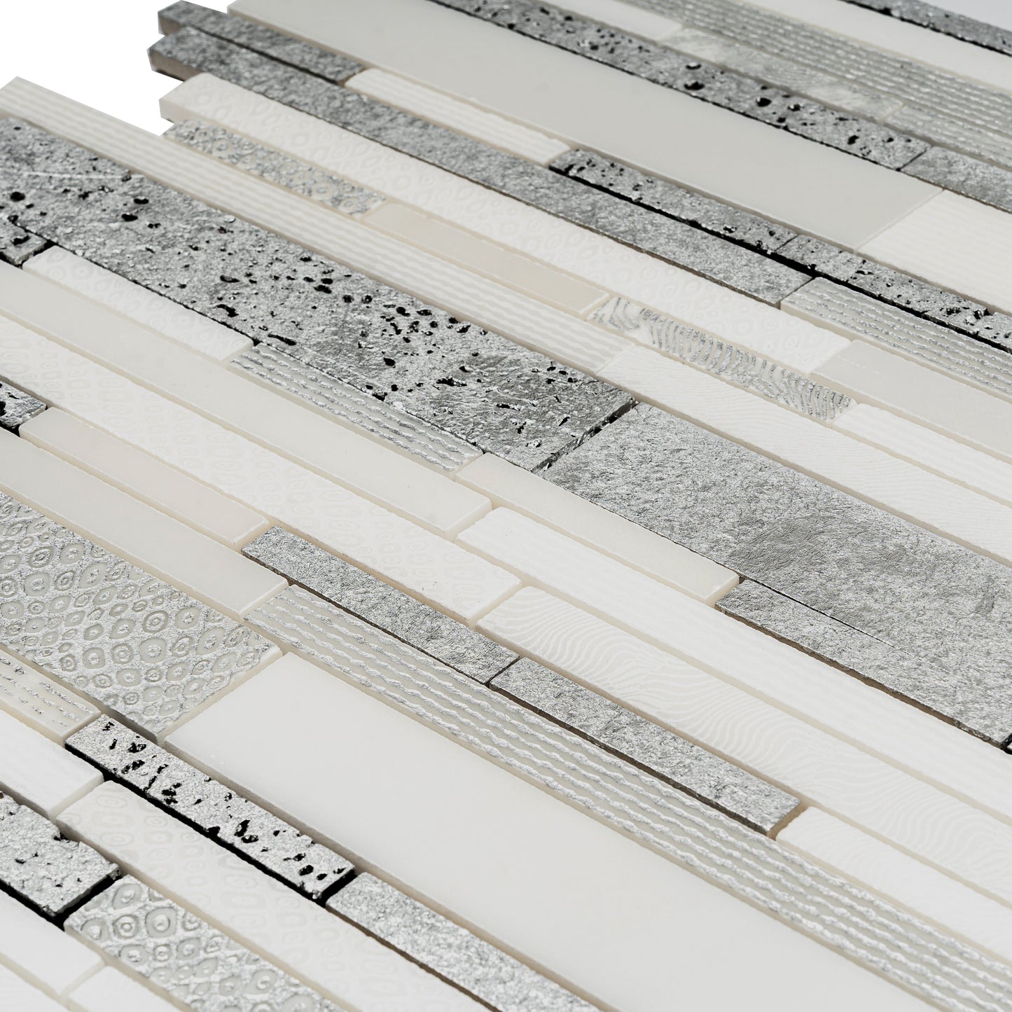 White Silver 12x12 Polished, Textured, Foiled Stone Sticks, Linear Mosaic Tile - Sample