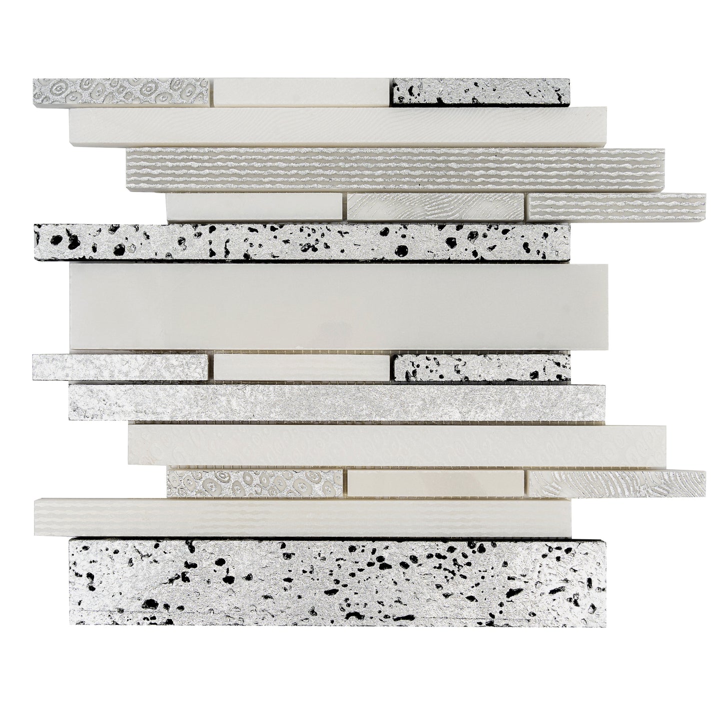White Silver 12x12 Polished, Textured, Foiled Stone Sticks, Linear Mosaic Tile - Sample