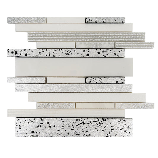 White Silver 12x12 Polished, Textured, Foiled Stone Sticks, Linear Mosaic Tile - Sample