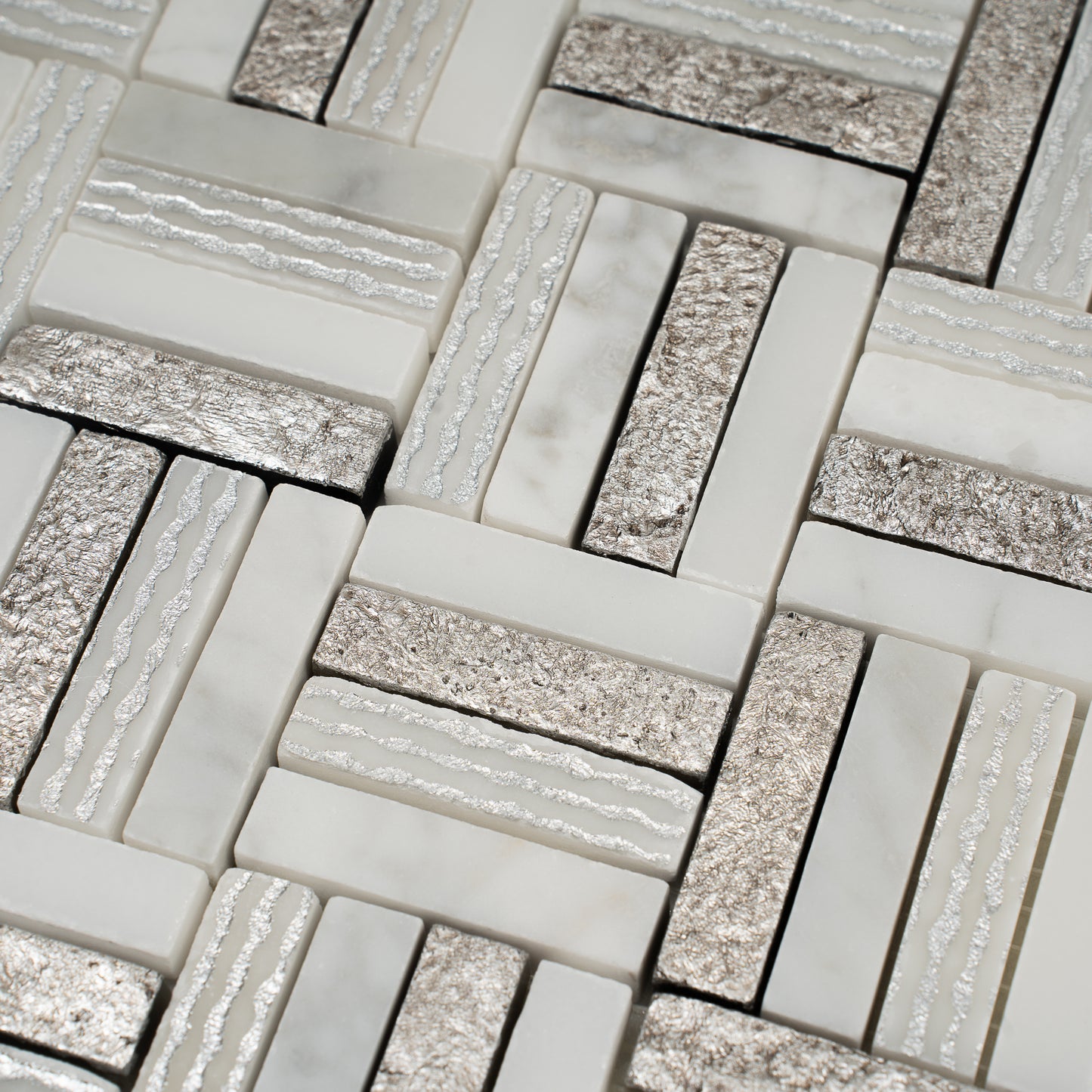 Silver White 12x12 Polished, Textured, Foiled Stone Square Mosaic Tile
