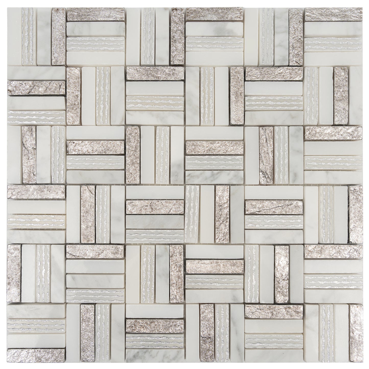 Silver White 12x12 Polished, Textured, Foiled Stone Square Mosaic Tile