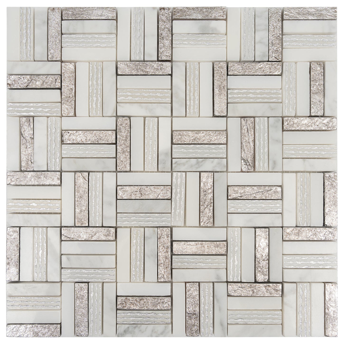 Silver White 12x12 Polished, Textured, Foiled Stone Square Mosaic Tile - Sample