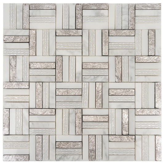 Silver White 12x12 Polished, Textured, Foiled Stone Square Mosaic Tile - Sample