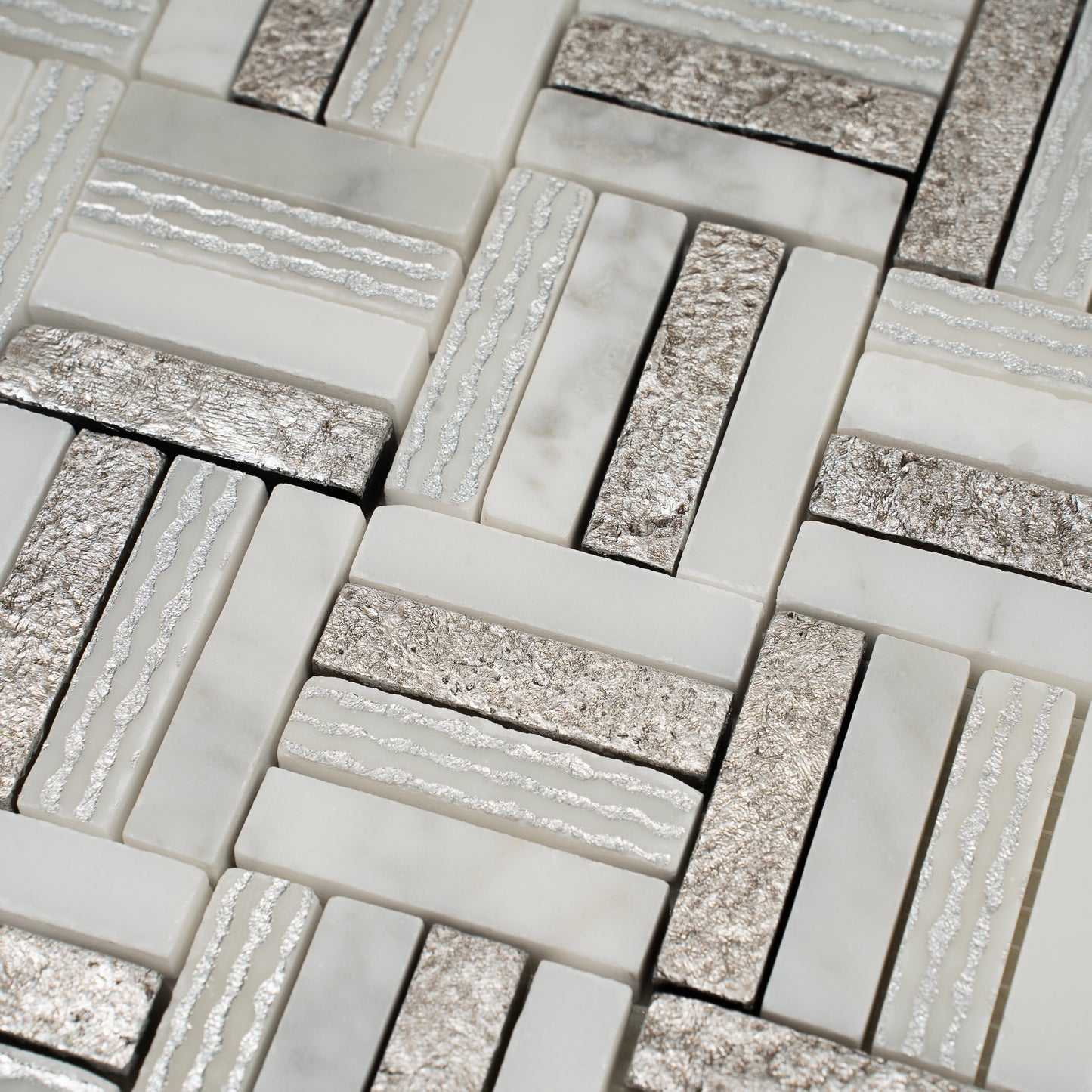 Silver White 12x12 Polished, Textured, Foiled Stone Square Mosaic Tile - Sample