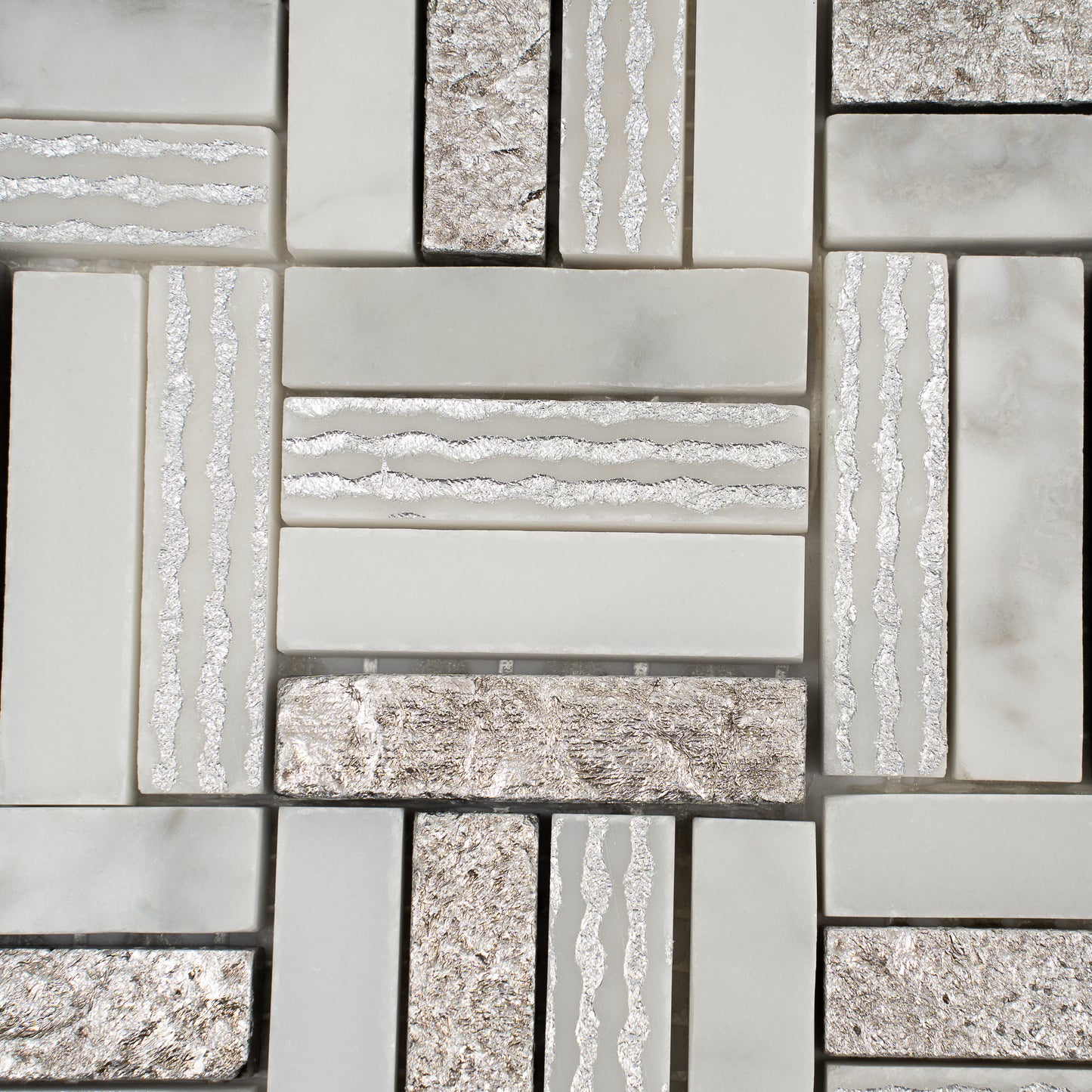 Silver White 12x12 Polished, Textured, Foiled Stone Square Mosaic Tile