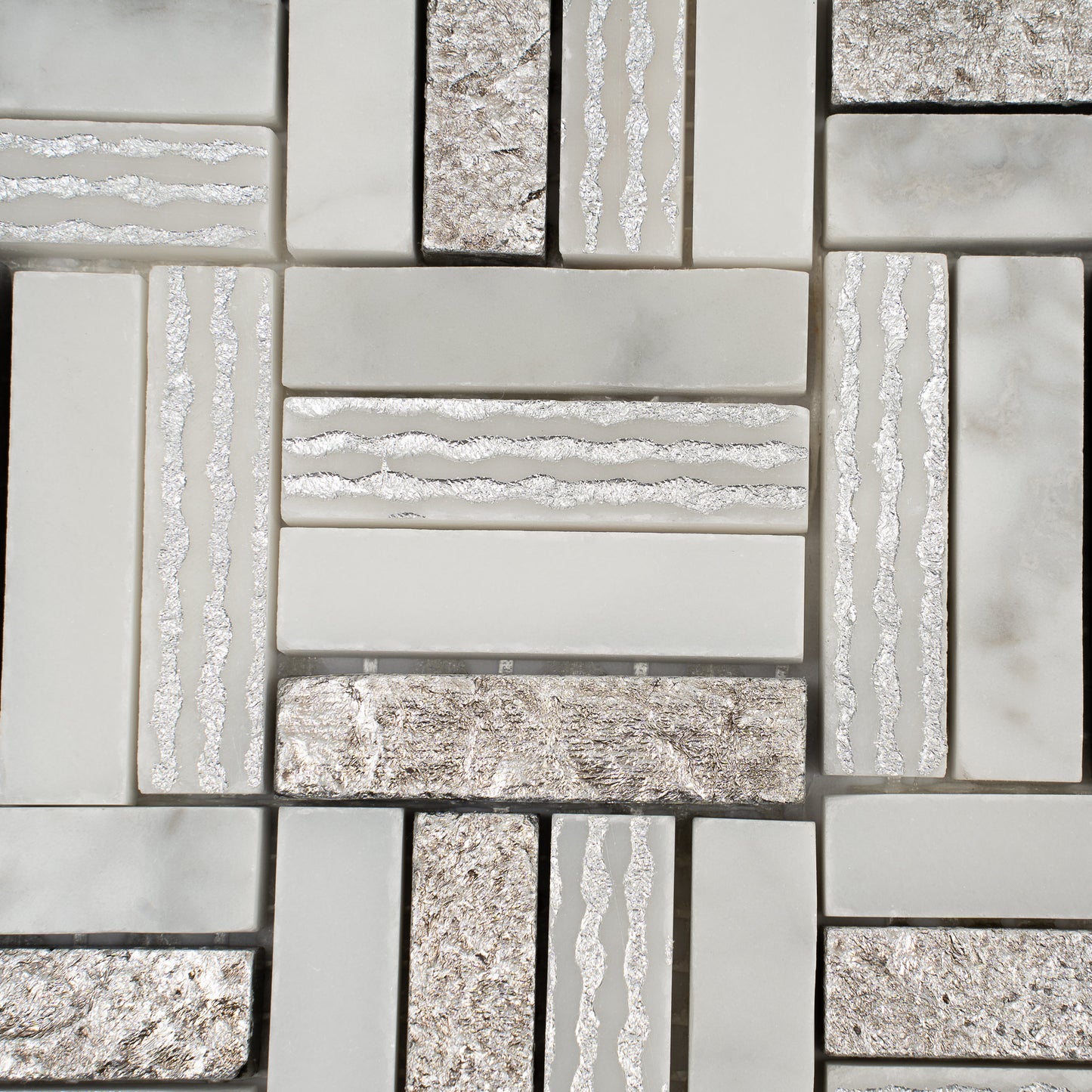 Silver White 12x12 Polished, Textured, Foiled Stone Square Mosaic Tile - Sample