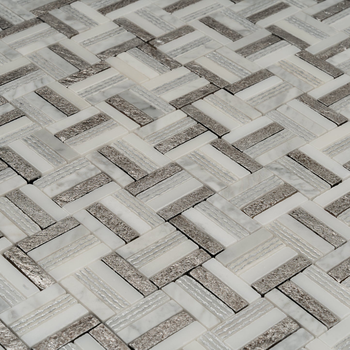 Silver White 12x12 Polished, Textured, Foiled Stone Square Mosaic Tile - Sample