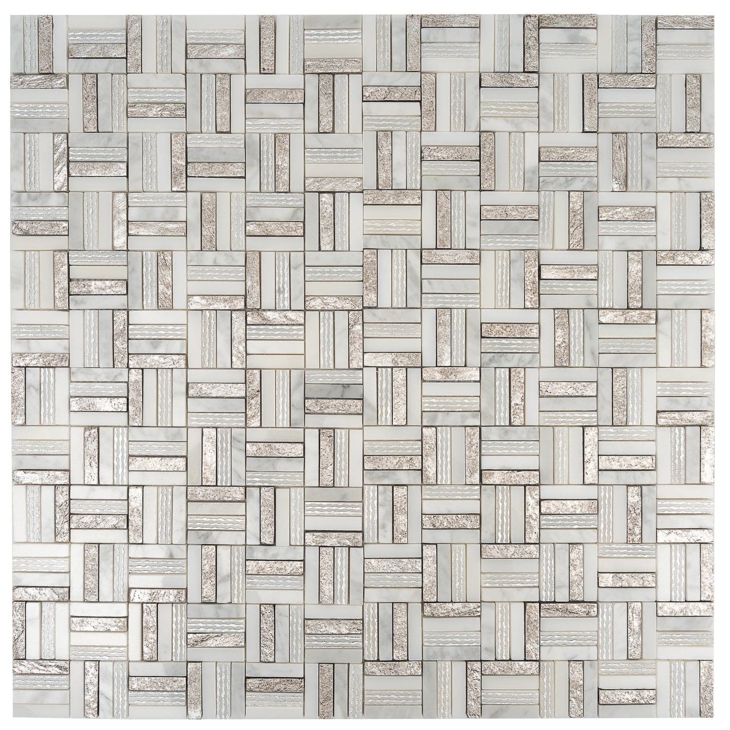 Silver White 12x12 Polished, Textured, Foiled Stone Square Mosaic Tile