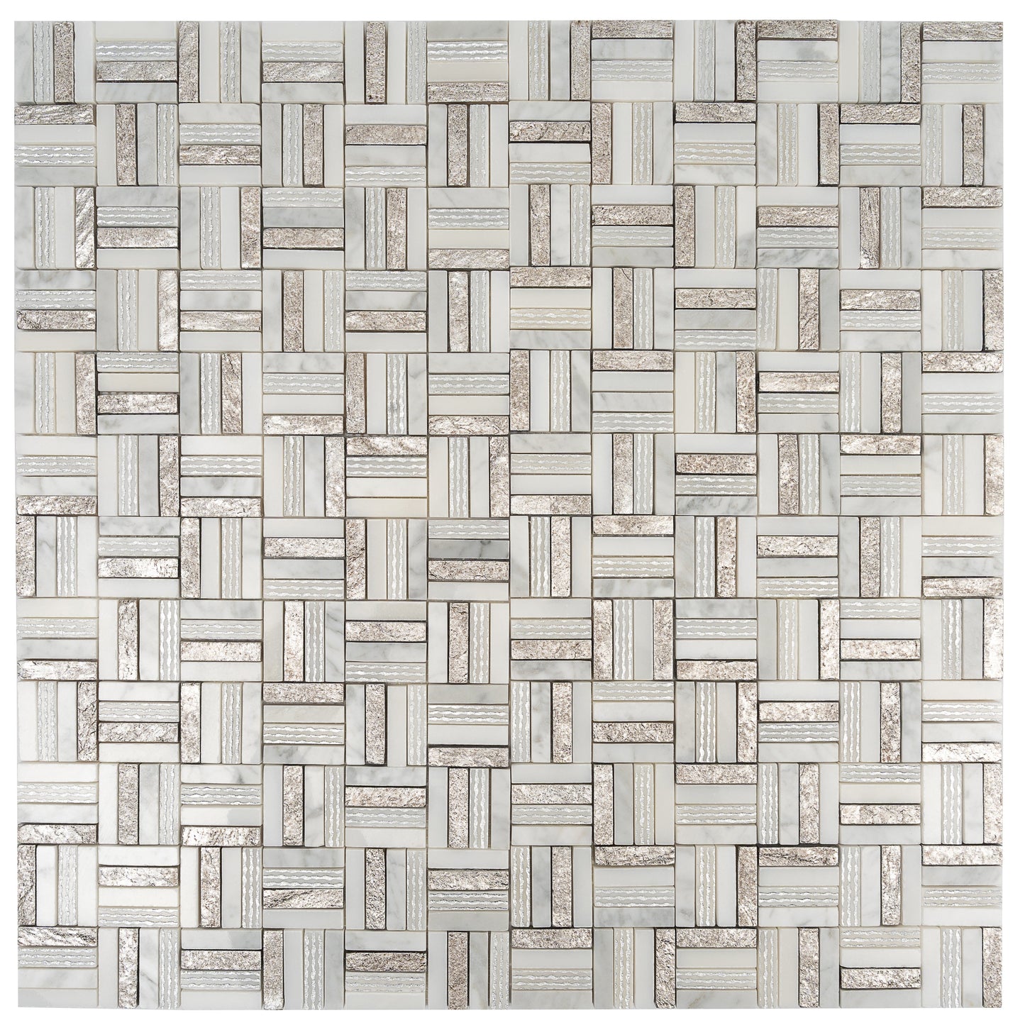 Silver White 12x12 Polished, Textured, Foiled Stone Square Mosaic Tile - Sample