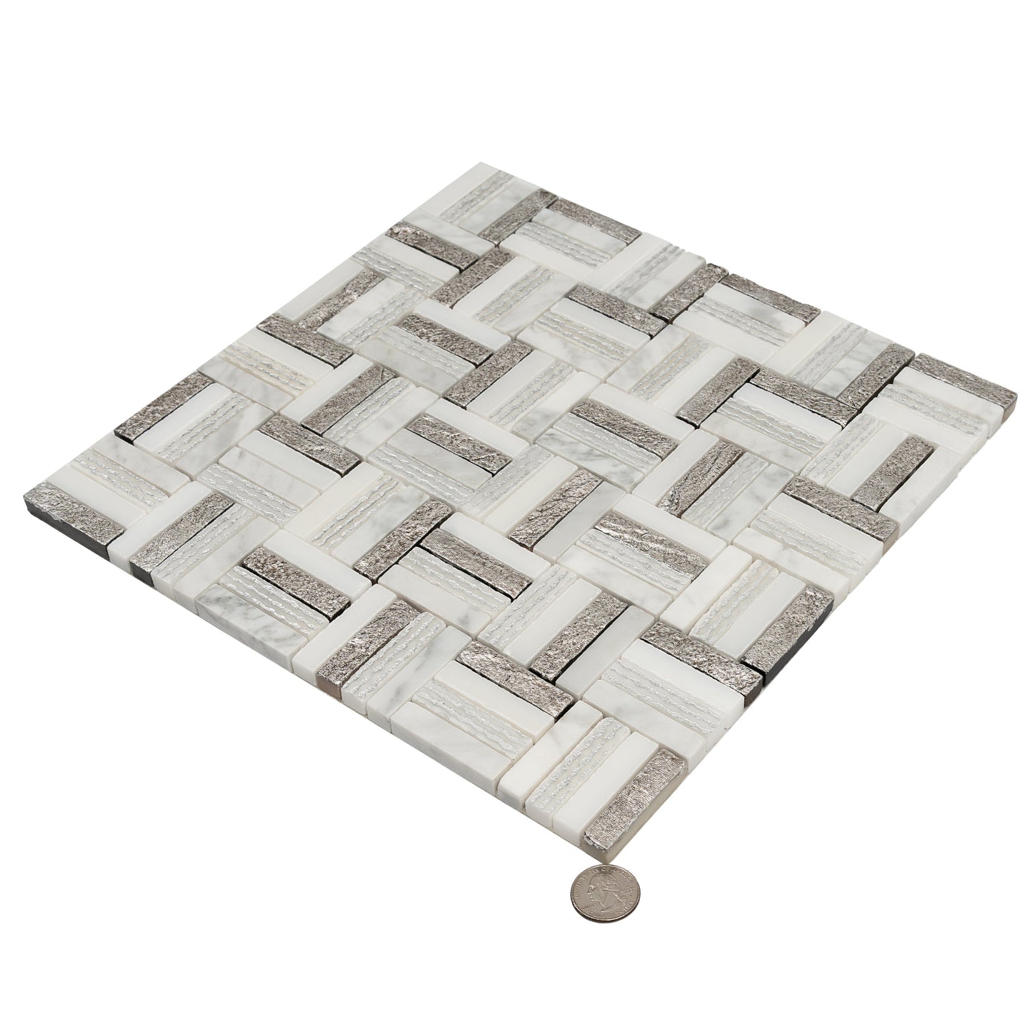 Silver White 12x12 Polished, Textured, Foiled Stone Square Mosaic Tile - Sample