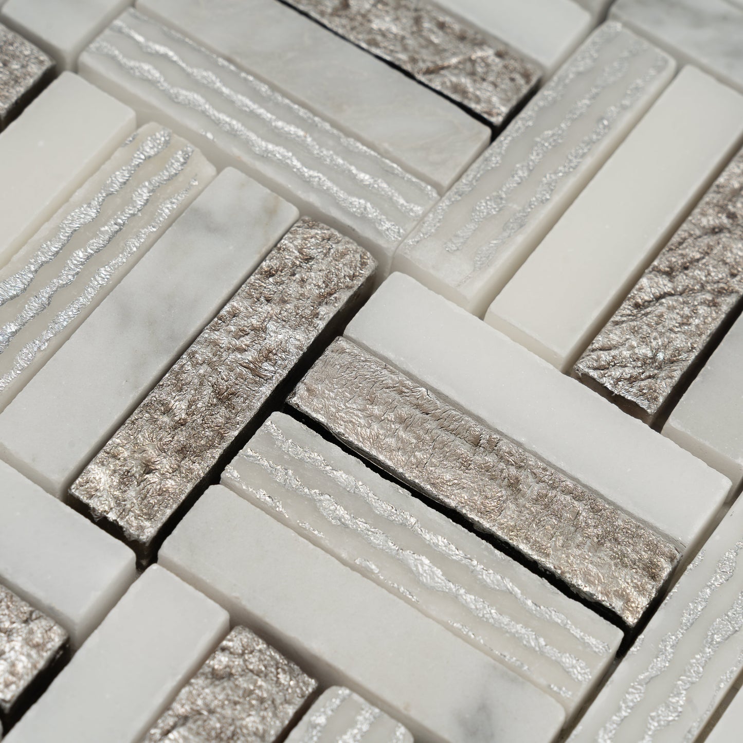 Silver White 12x12 Polished, Textured, Foiled Stone Square Mosaic Tile - Sample