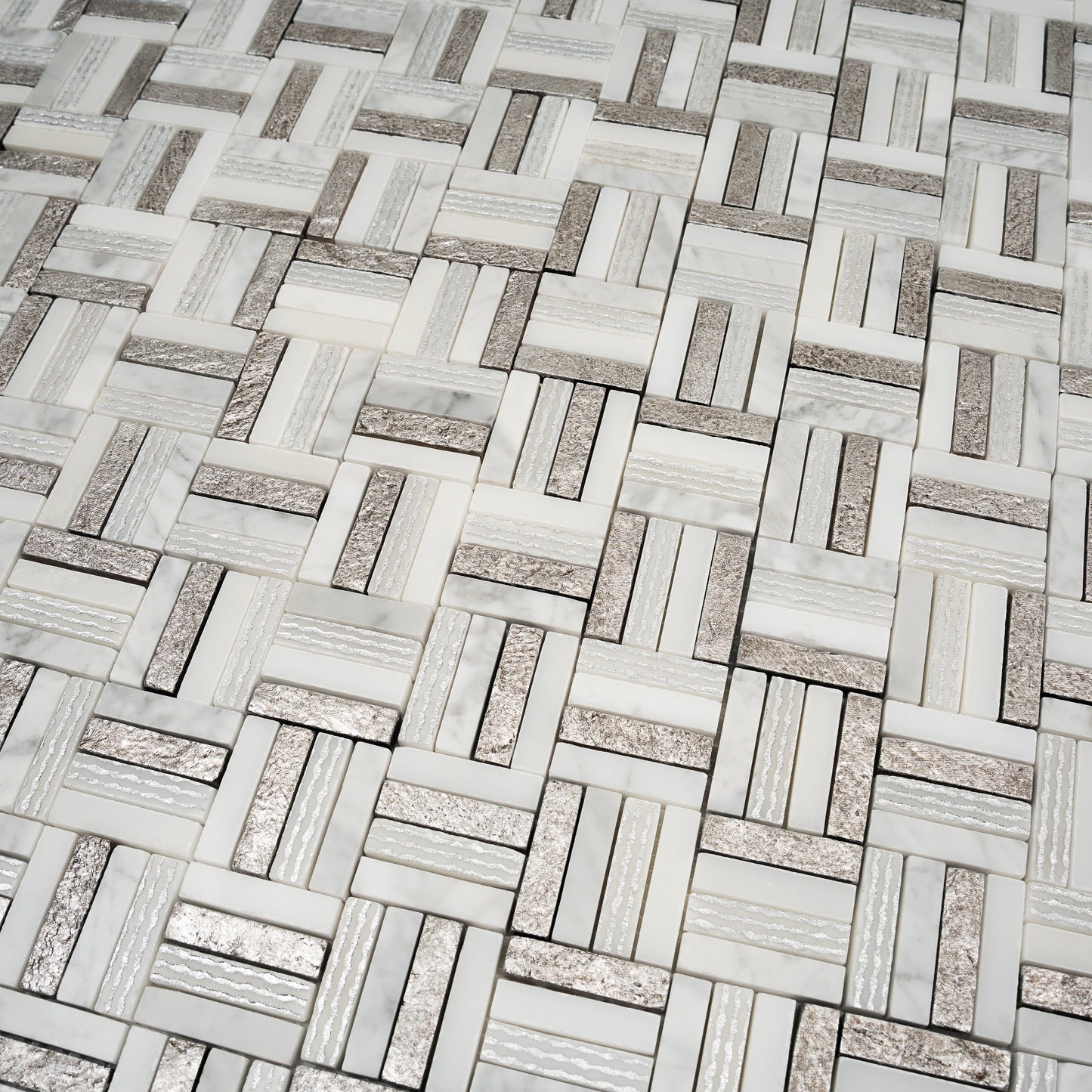 Silver White 12x12 Polished, Textured, Foiled Stone Square Mosaic Tile - Sample