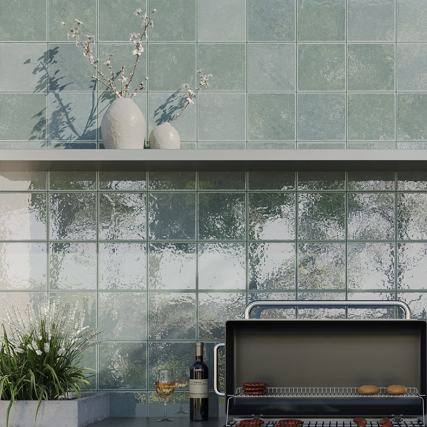 Soft Sage Green 8x8 Glossy Porcelain Zellige Square Subway Tile