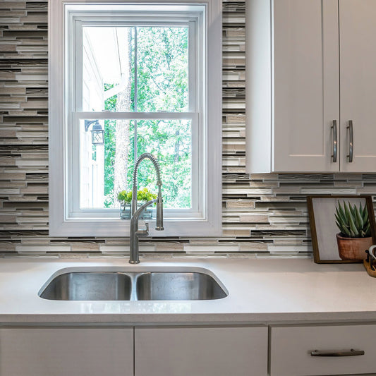 Gray and White 12 x 12 Polished, Matte Glass, Stone Mosaic Tile - Sample