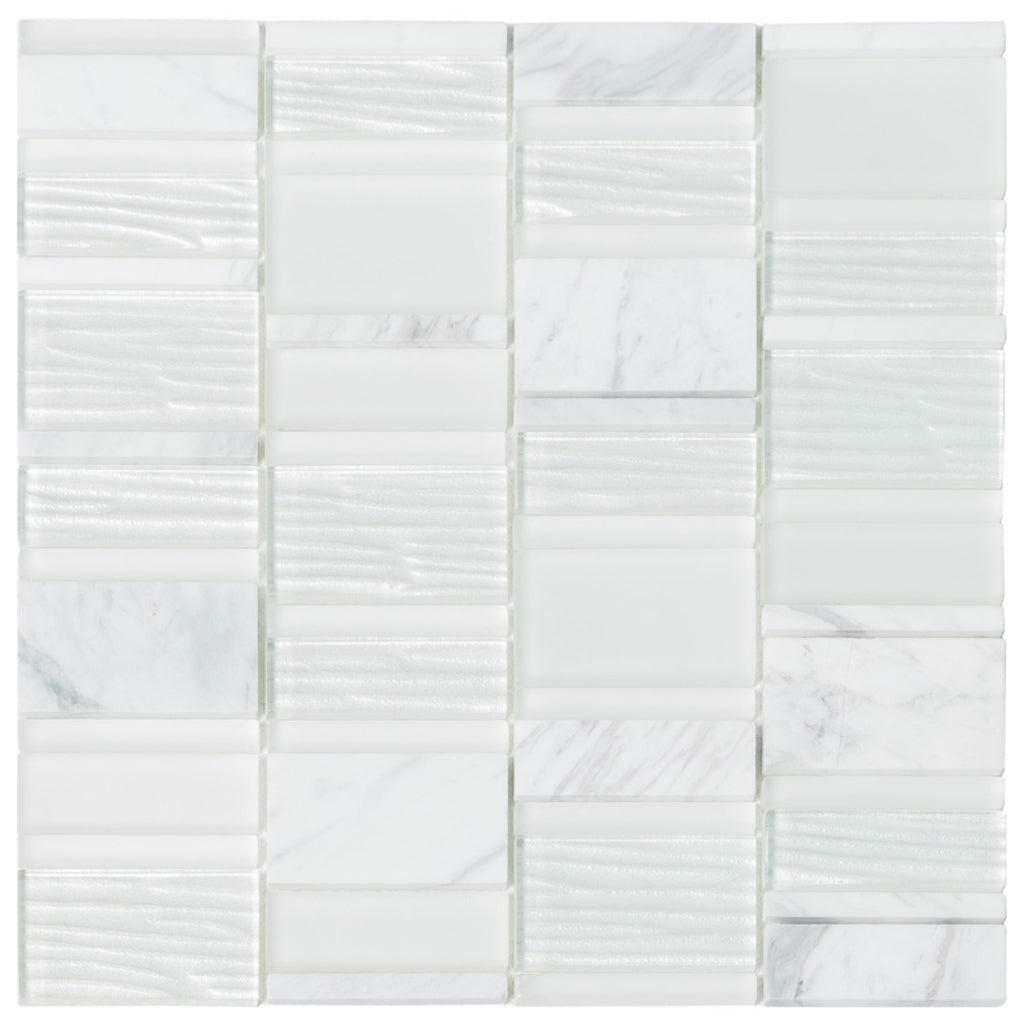 White 12 x 12 Polished, Matte Glass; stone Mosaic Tile