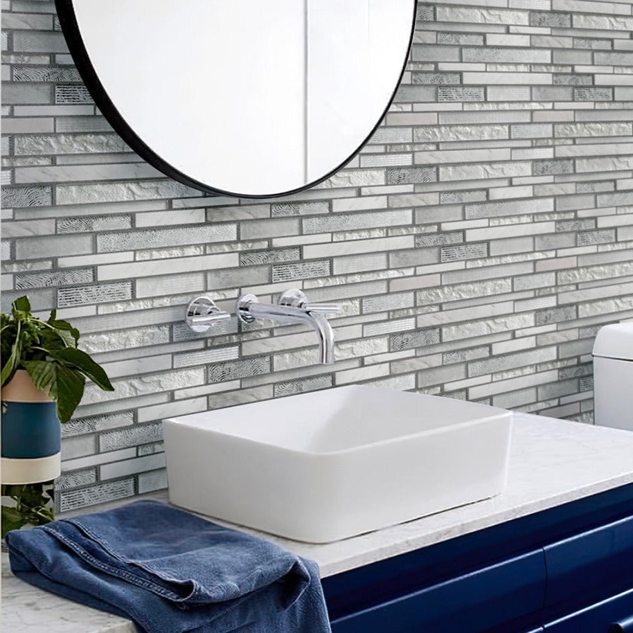 White 12 x 12 Polished, Matte Glass; stone Mosaic Tile