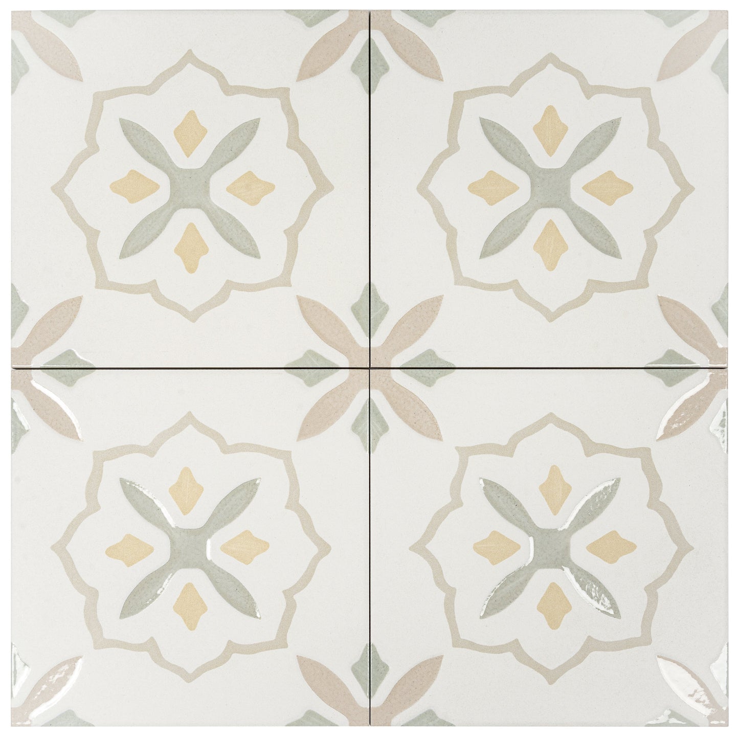 Off-White Yellow 9x9 Matte, Glossy Porcelain Floral Square Tile - Sample