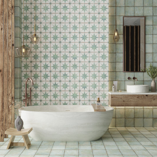 White, Dusty Sage Green 8x8 Matte Porcelain Square Motif Tile