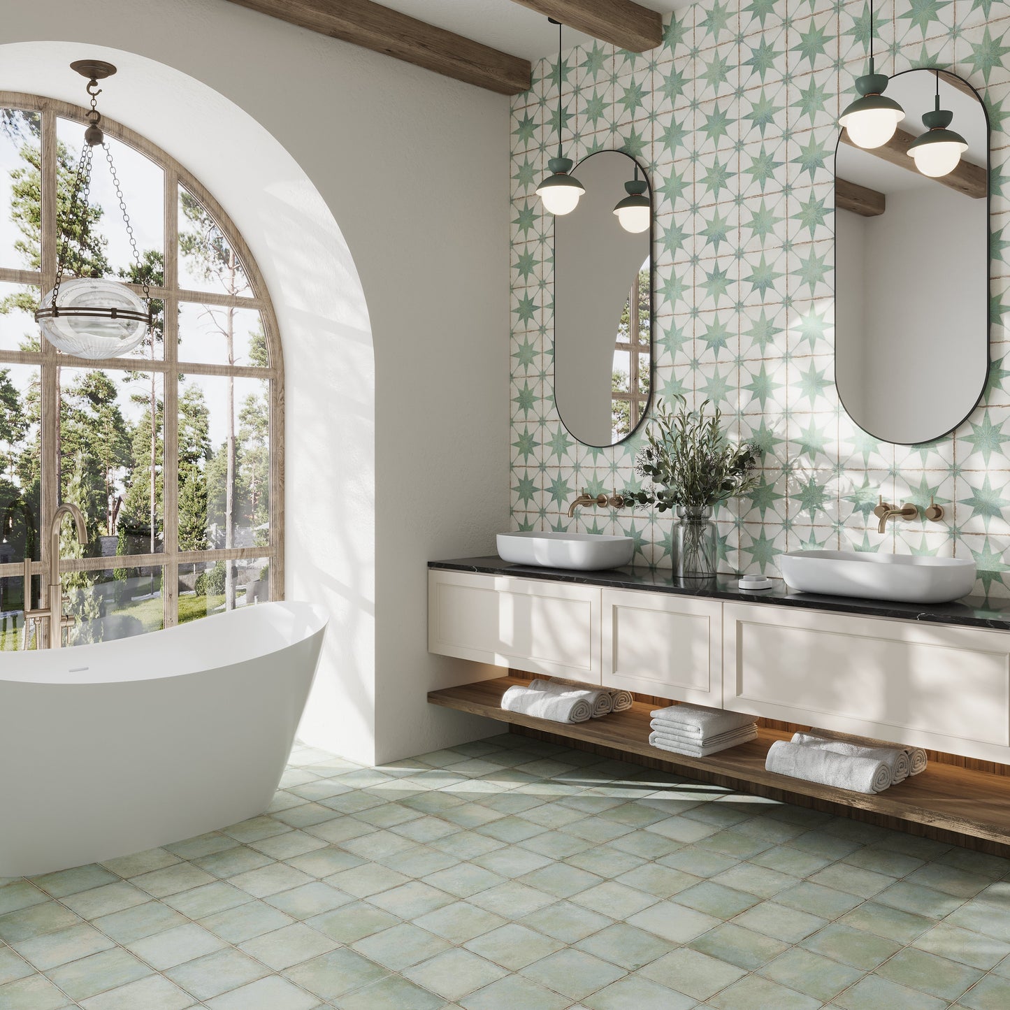 White, Dusty Sage Green 8x8 Matte Porcelain Square Motif Tile - Sample