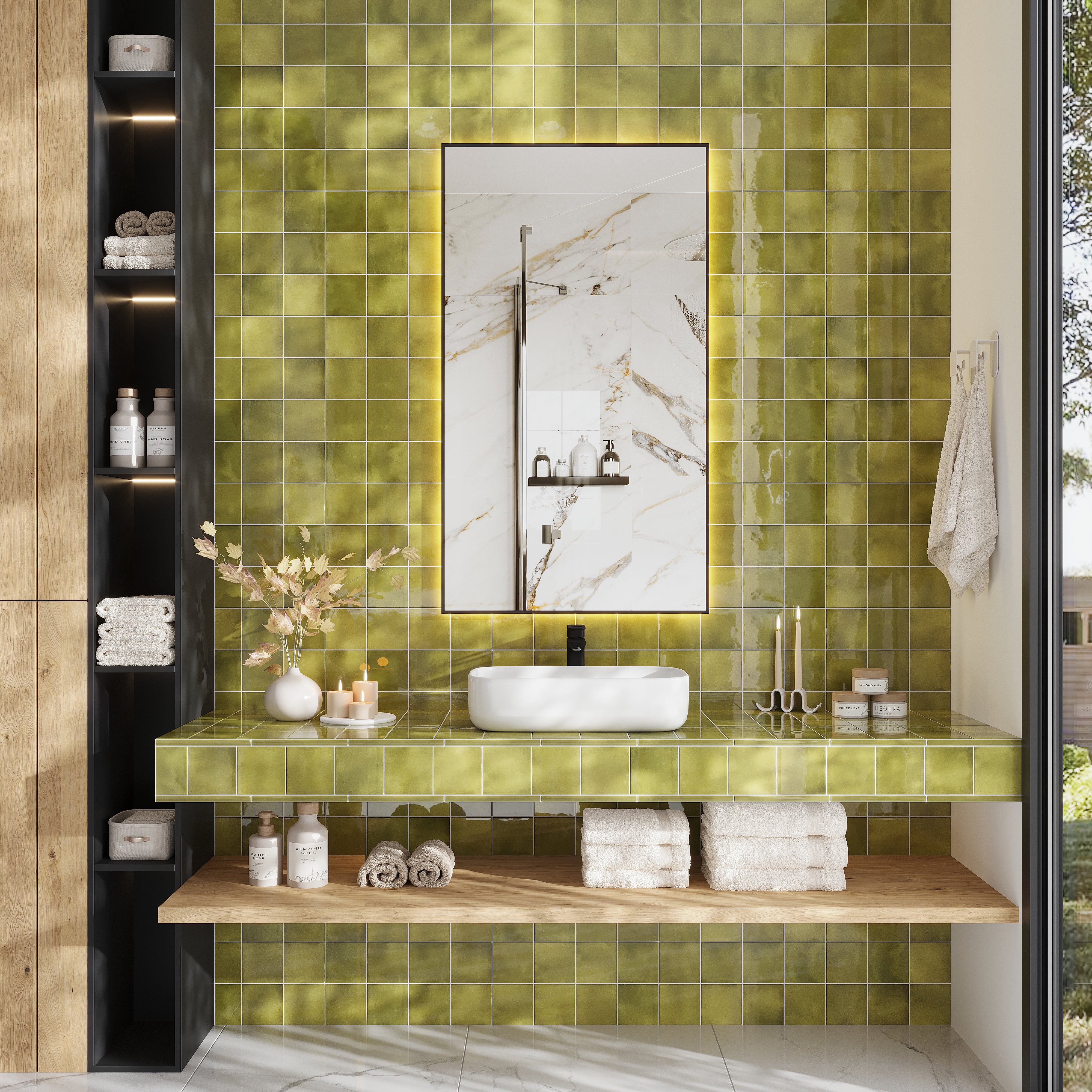 Olive Green 4x4 Glossy Ceramic Tile – Handmade Look & Durable