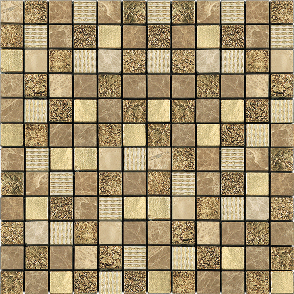 Beige 12 x 12 Polished, Foiled Glass, Resin, Stone Mosaic Tile