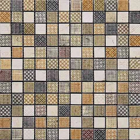 Gold, Ivory, Black, Silver 12x12 Textured Stone Square Mosaic Tile - Sample