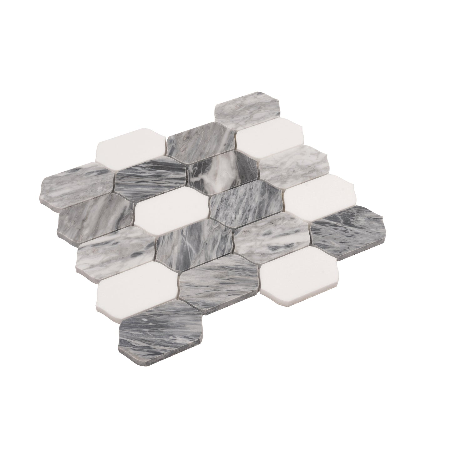 Calacatta Bluette, Thassos White 13x12 Polished Picket Lantern Mosaic Tile