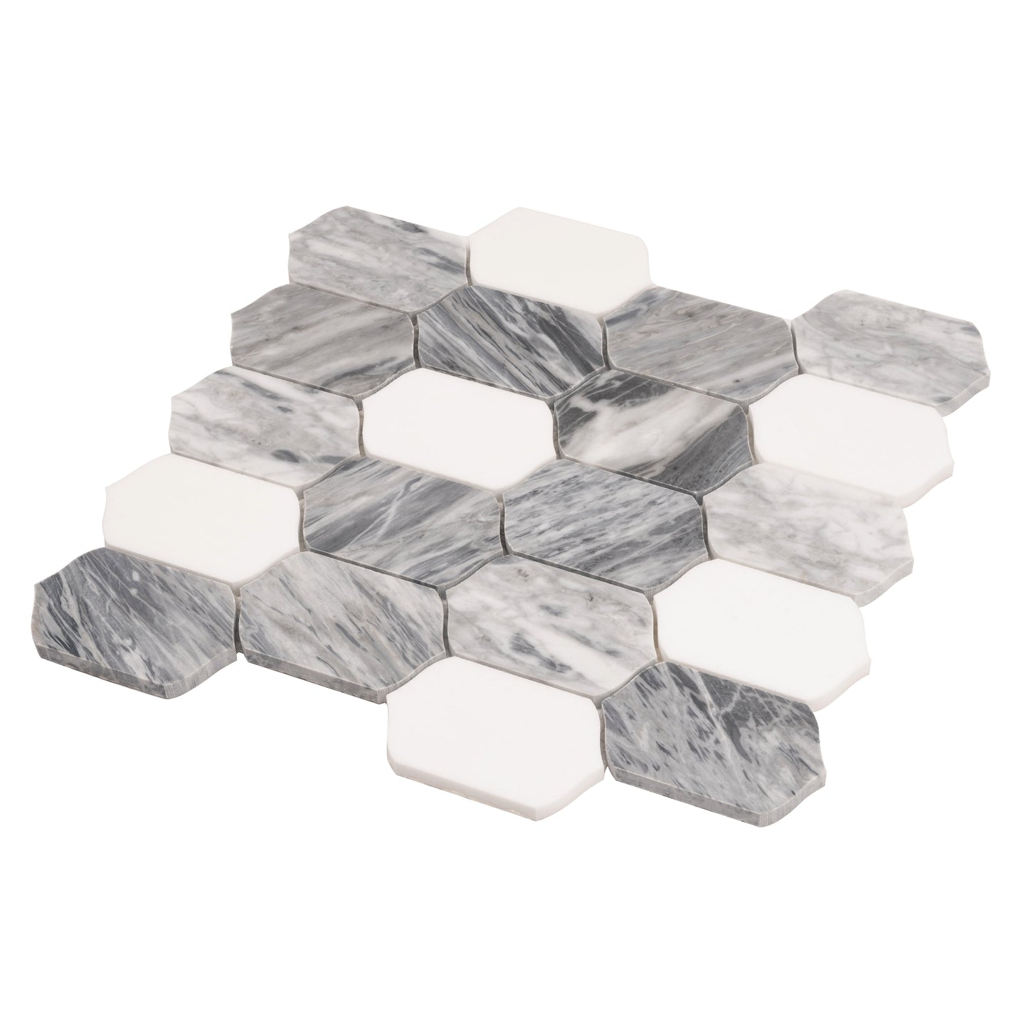 Calacatta Bluette, Thassos White 13x12 Polished Picket Lantern Mosaic Tile