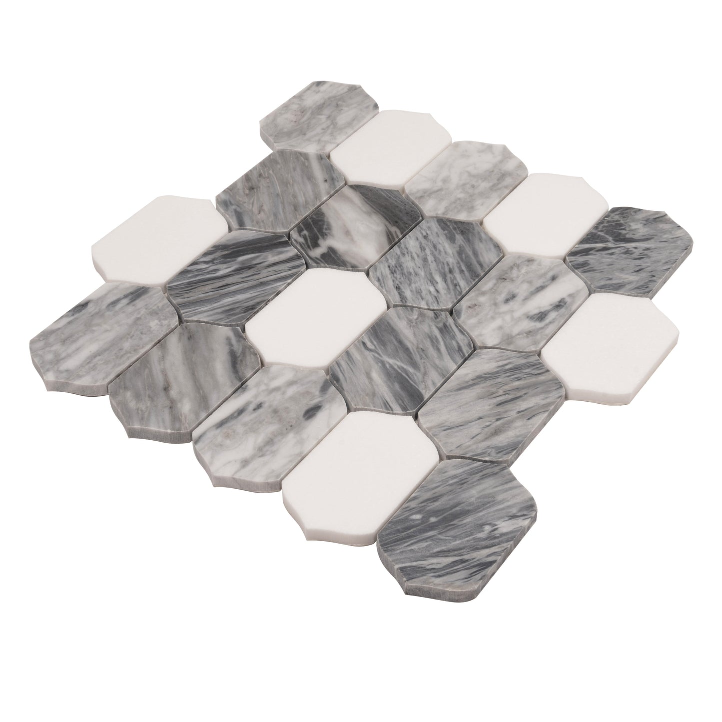 Calacatta Bluette, Thassos White 13x12 Polished Picket Lantern Mosaic Tile  - Sample