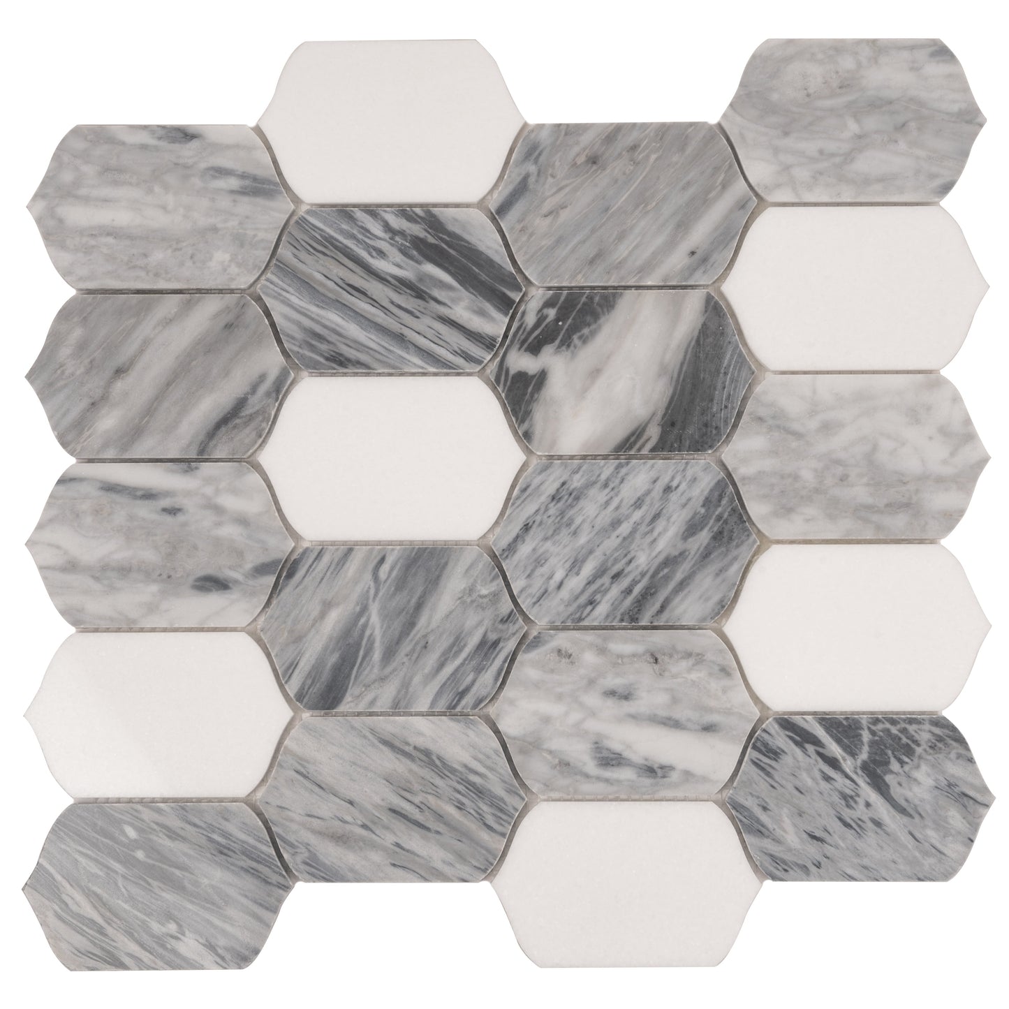 Calacatta Bluette, Thassos White 13x12 Polished Picket Lantern Mosaic Tile