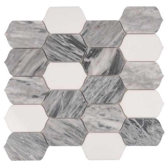 Calacatta Bluette, Thassos White 13x12 Polished Picket Lantern Mosaic Tile