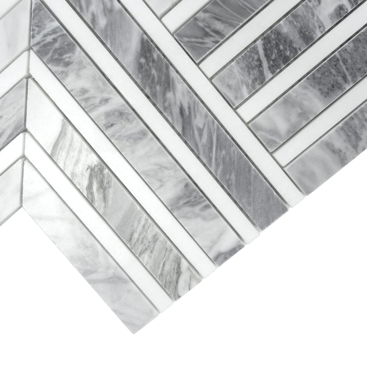 Calacatta Bluette, Thassos White 13x16 Polished Chevron Mosaic Tile