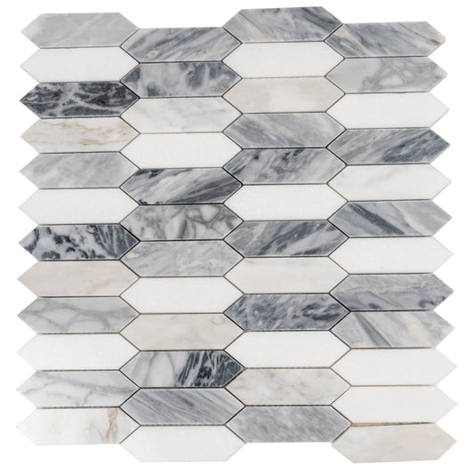 Calacatta Bluette, Thassos White 12x12 Polished Picket Mosaic Tile