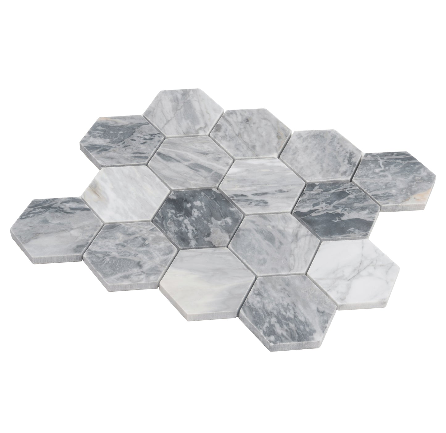 Light Gray 12x10 Honed Calacatta Bluette Hexagon Mosaic Tile - Sample