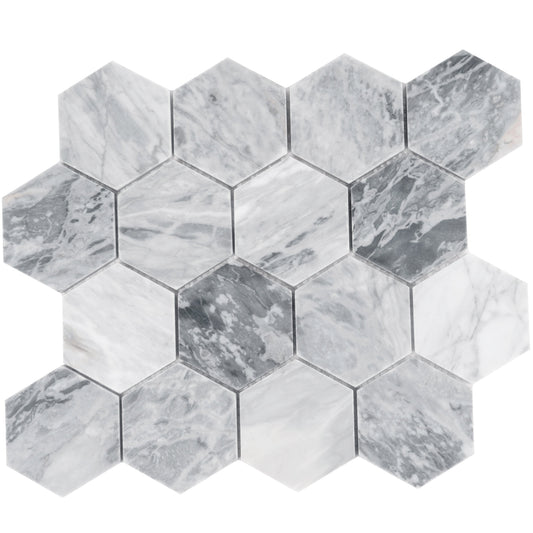 Light Gray 12x10 Honed Calacatta Bluette Hexagon Mosaic Tile