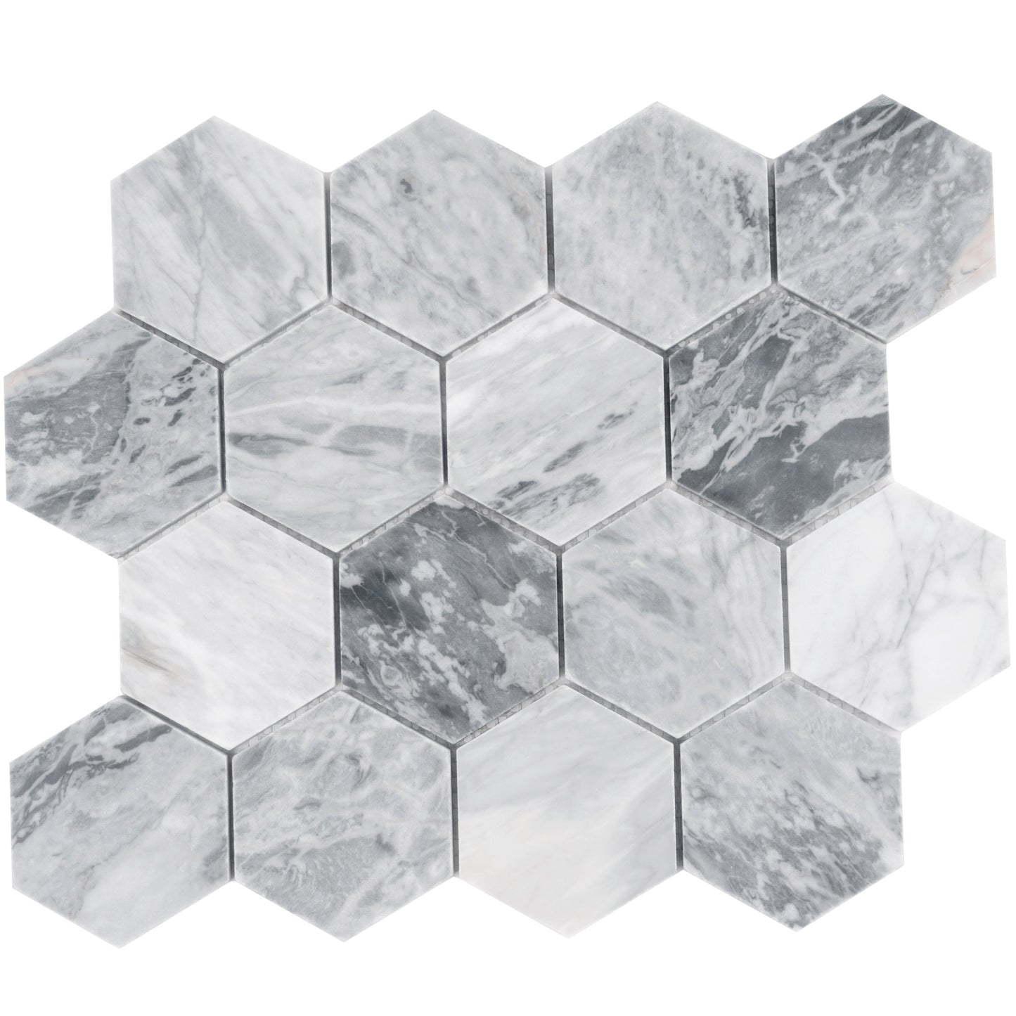 Light Gray 12x10 Honed Calacatta Bluette Hexagon Mosaic Tile - Sample