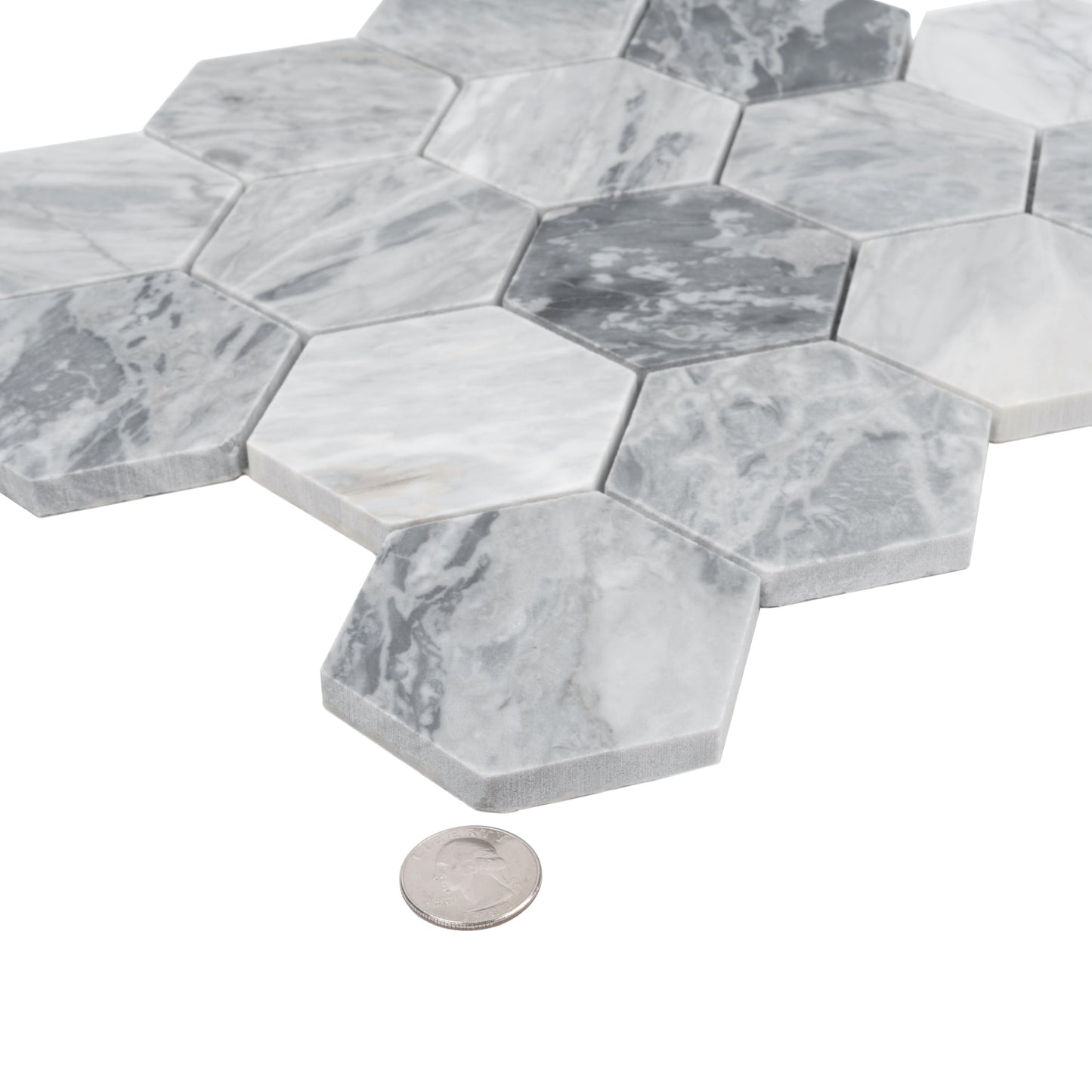 Light Gray 12x10 Honed Calacatta Bluette Hexagon Mosaic Tile - Sample