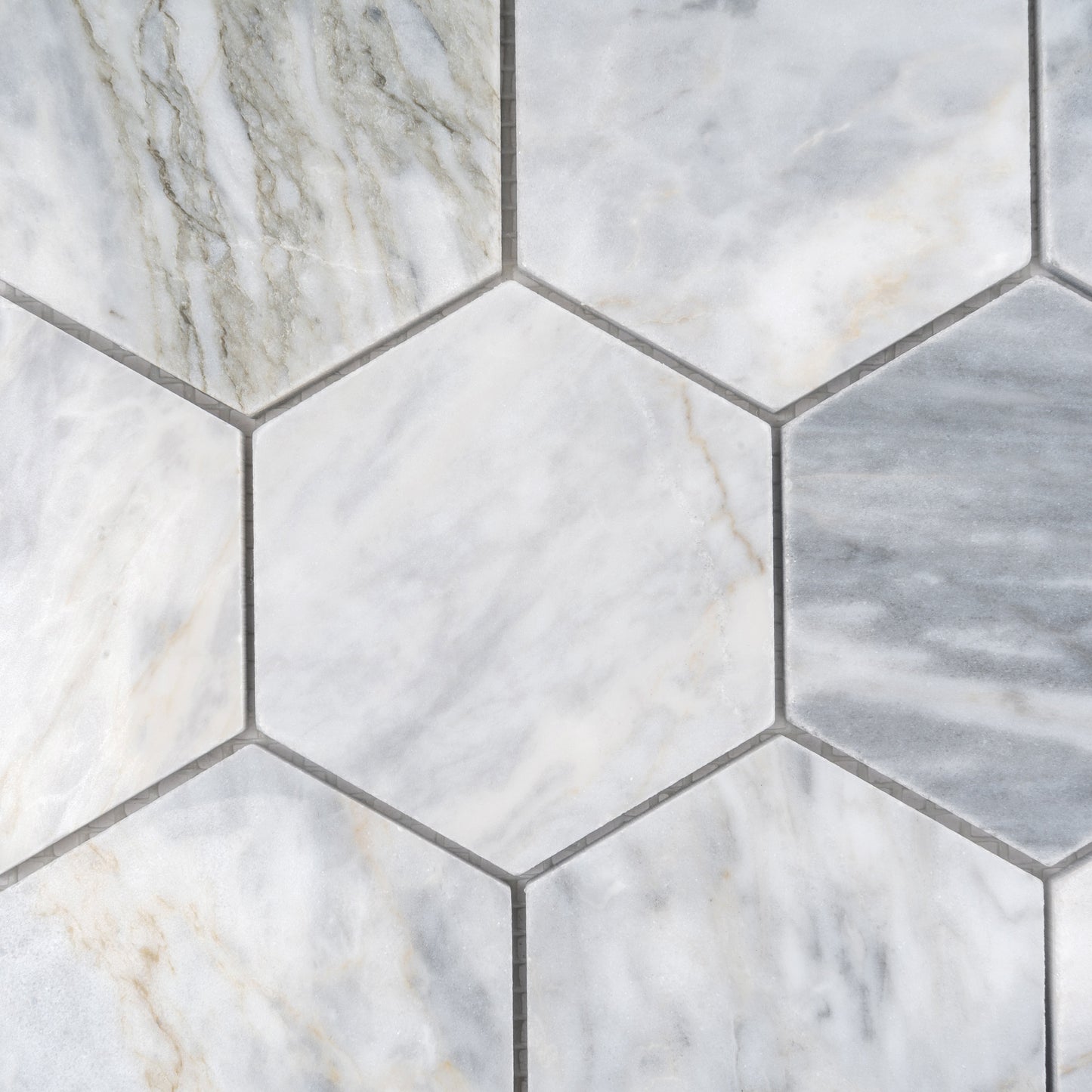Light Gray 12x10 Polished Calacatta Bluette Hexagon Mosaic Tile - Sample