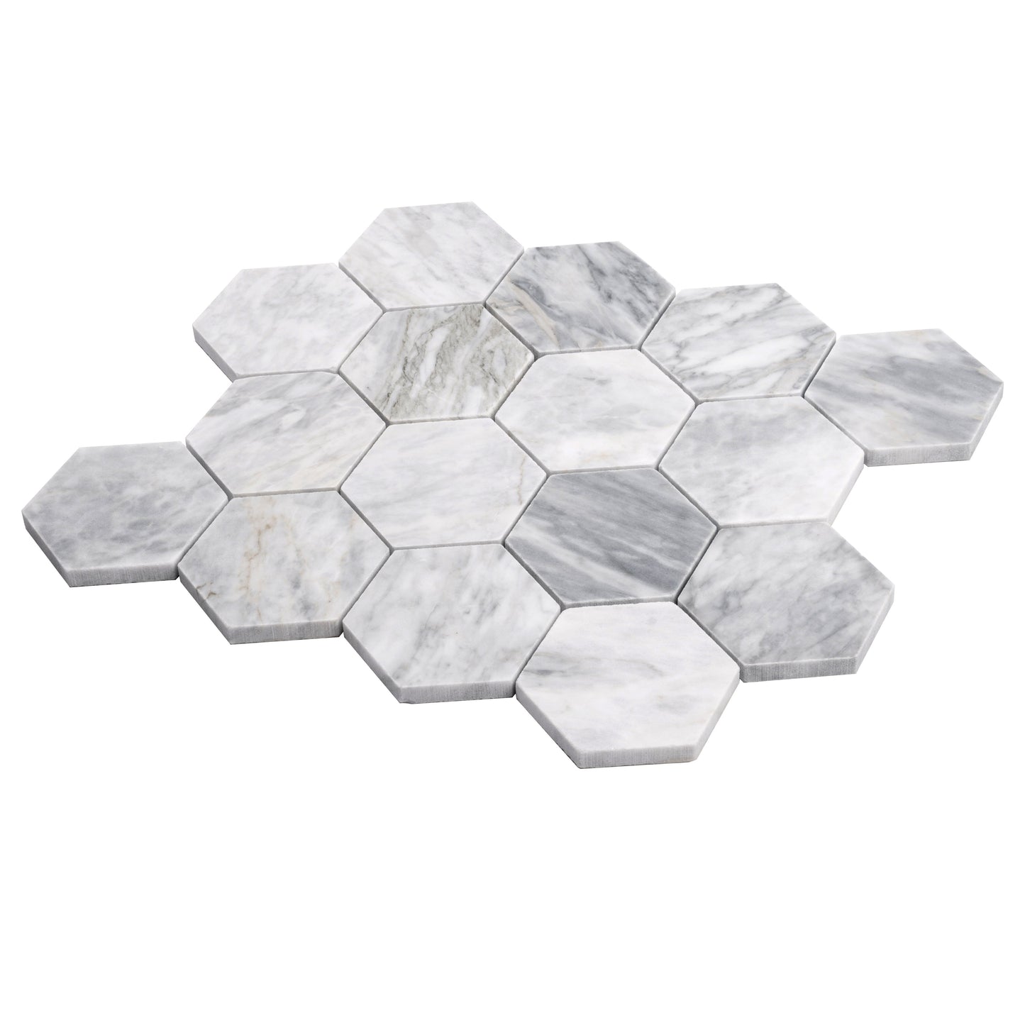 Light Gray 12x10 Polished Calacatta Bluette Hexagon Mosaic Tile - Sample
