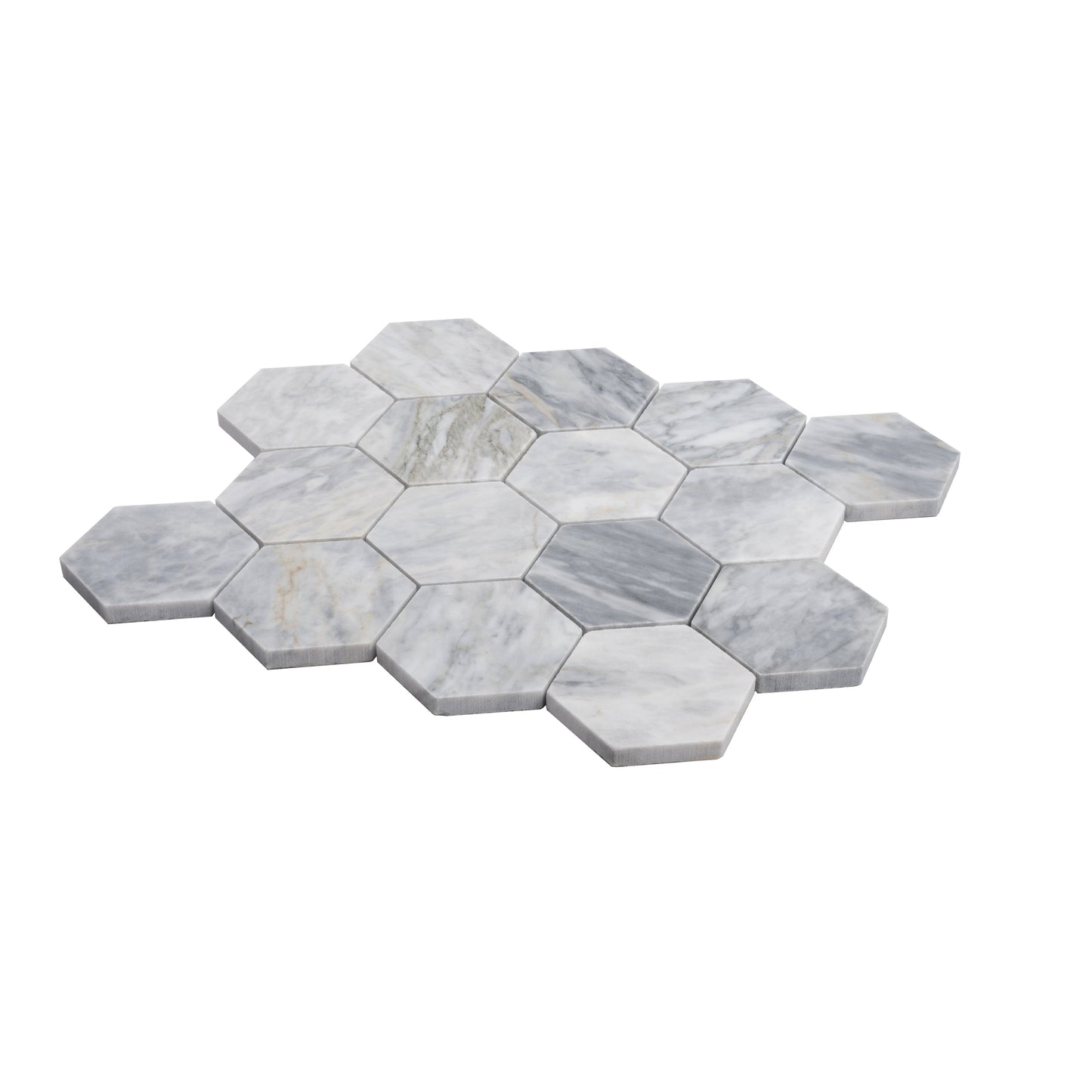 Light Gray 12x10 Polished Calacatta Bluette Hexagon Mosaic Tile - Sample