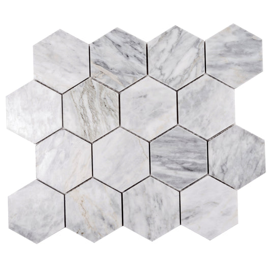 Light Gray 12x10 Polished Calacatta Bluette Hexagon Mosaic Tile