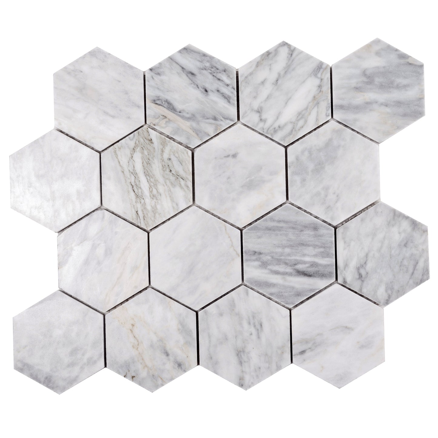 Light Gray 12x10 Polished Calacatta Bluette Hexagon Mosaic Tile - Sample