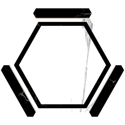 white hexagon porcelain tile with black matte border and black rectangular accent tiles