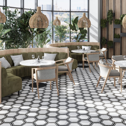 White and Black 9 x 10 Matte Porcelain Hexagon Tile - Sample