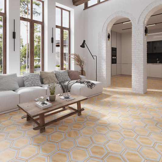 Oak wash and Gray 9 x 10 Matte Porcelain Hexagon Tile - Sample