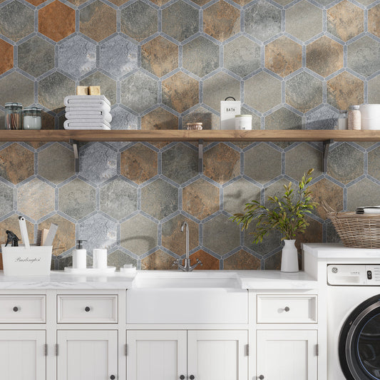 Burnt Umber Brown and Gray 9 x 10 Matte Porcelain Hexagon Tile - Sample
