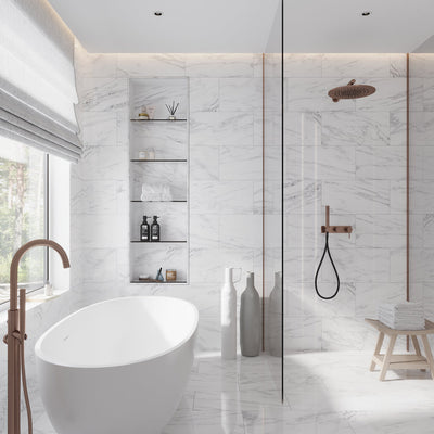 white 12x24 polished bianco carrara marble large floor and wall tile with subtle gray veining