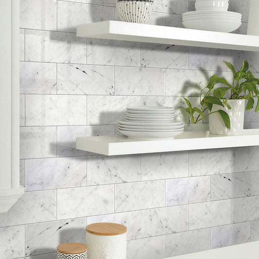 White 3 x 6 Polished Marble Subway Tile